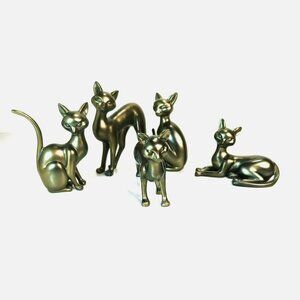 Modern Metallic Bronze Cat Figurines Set of 5 Mid Century Modern Resin Decor